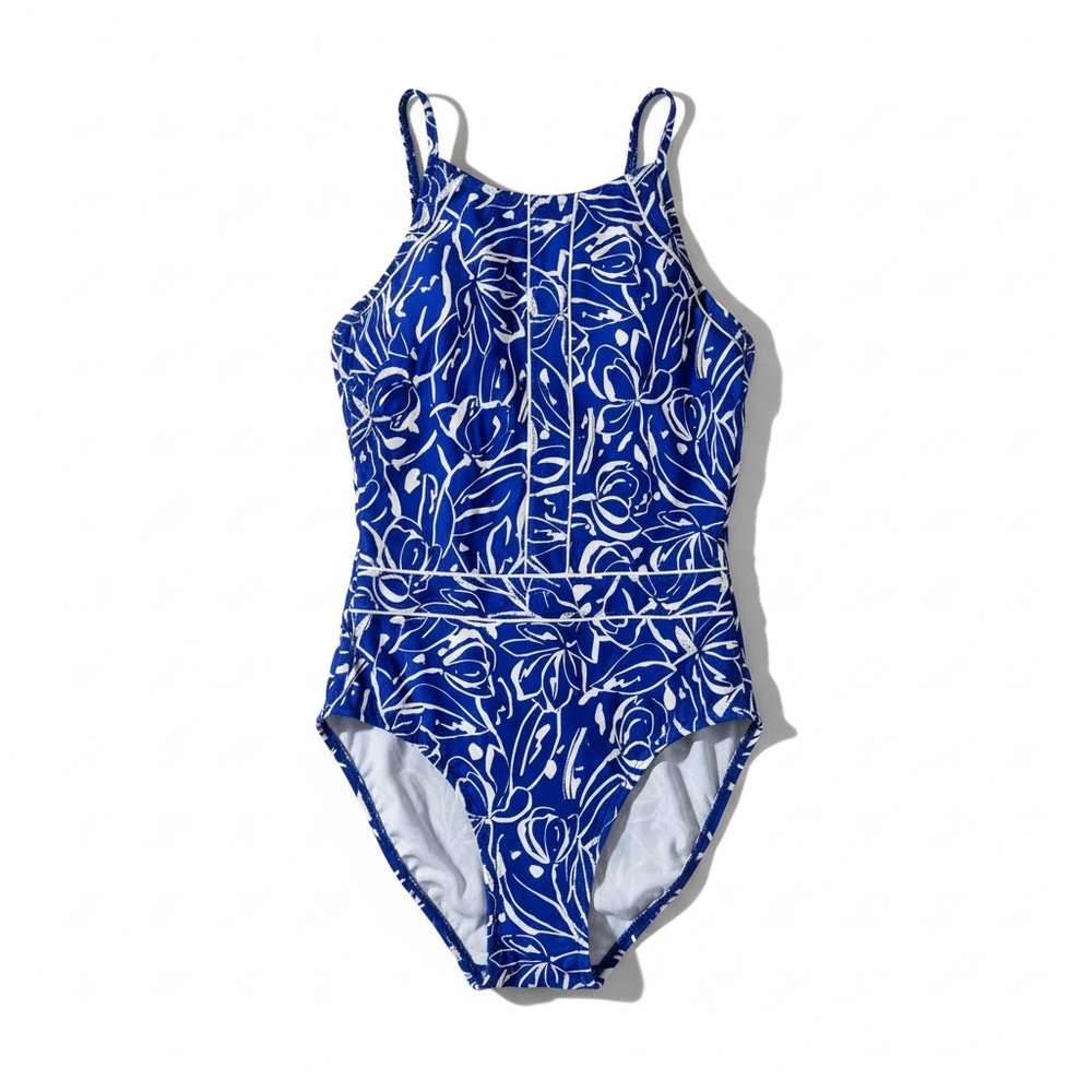 Profile By Gottex Tulip High Neck Women  Swimsuit  Blue White Floral Size 4